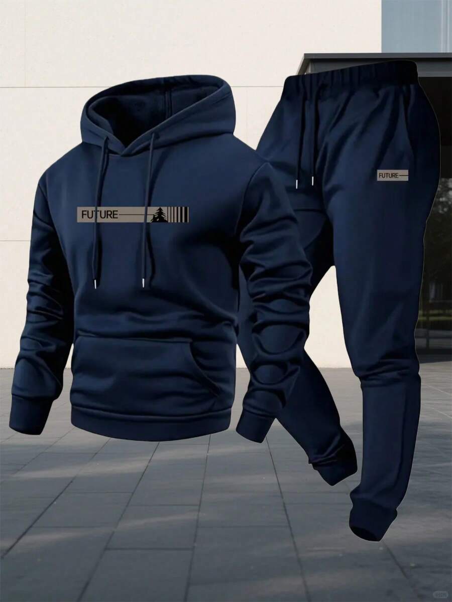 Men's Polyester 2 Piece Hoodie And Jogger Set Navy Blue Minimalist Future Graphic Print Urban Streetwear Soft Breathable Athletic Loungewear Relaxed Fit With Kangaroo Pocket For Gym Running Casual Daily Wear And Outdoor Hangouts Modern City Style Outfit Comfortable All Season Activewear - Màu xanh lam - Xem 1