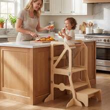 2 In 1 Toddler Tower W/Removable Safety Bar For Children 3+ Years Old Natural - Khaki - View 4