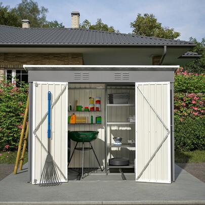 8x4 Ft Metal Equipment Room, Carport, Garden Shed With Metal Foundation (Without Floor), Sturdy And Durable Garden Shed For Outdoor Garden Terrace Use. Grey, Brown.