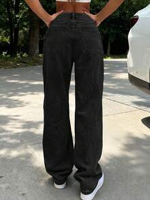 女士加大码复古休闲宽松直筒牛仔裤 黑色 春季款 - 黑色 - 查看 3