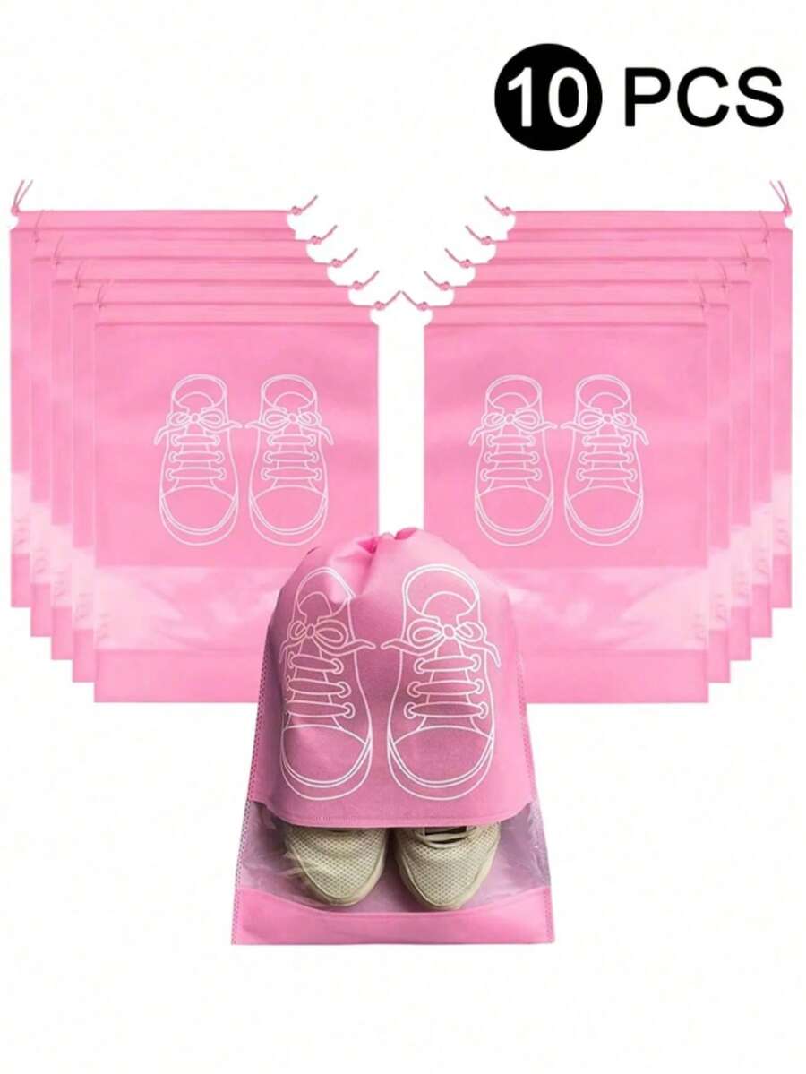 5/10pcs Pink Shoes Storage Bag,Travel Shoe Bags, Closet Organizer, Non-Woven Travel Portable Bag, Waterproof Pocket, Clothing Classified Hanging Bag Large Transparent Travel Drawstring Shoe Bags, Waterproof And Dustproof, Portable - 粉色 - 查看 1