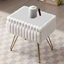 Taburete de tocador con cuero sintético y almacenamiento, 40.64Cml X 30.48Cmw X 43.18Cmh Sofá otomano suave con 4 patas de metal y pies antideslizantes, Asiento acolchado y peludo, Sillas multifuncionales modernas para maquillaje - Blanco - Ver 2