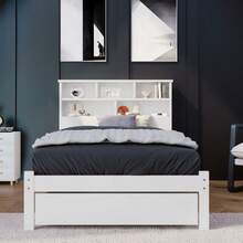 Cama de casal em madeira maciça com gavetas e estrado de ripas, estante integrada para adolescentes e adultos, cama infantil, 140 x 200 cm, branca. - Branco 1 - Ver 3