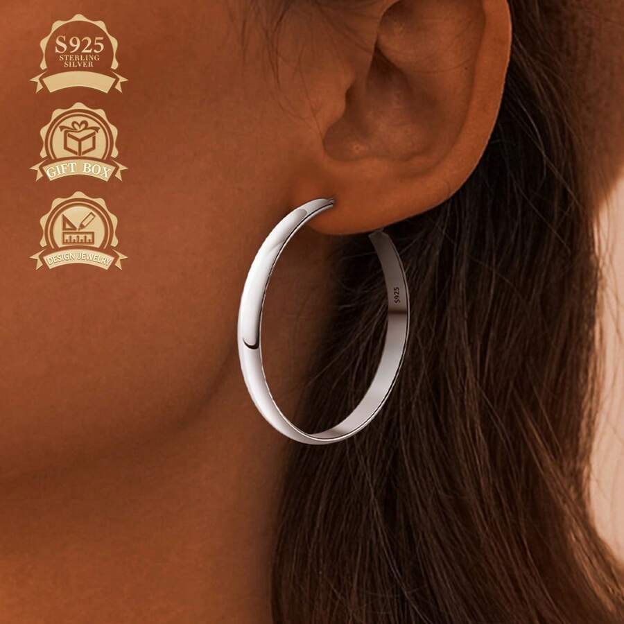 1 件时尚复古简约 925 银几何圆形耳环，适合女性度假、派对和活动 - 銀色 - 查看 1