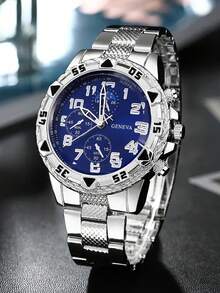 2pcs Luxury Men's Business Watch Set, Black Dial Multi-Function Stainless Steel Quartz Watch With Embossed Black Leather Wallet. The Watch Features An Exquisitely Designed Dial And A High-Quality Steel Strap, While The Wallet Showcases Refined Embossed Craftsmanship. The Overall Style Is Calm And Elegant, Suitable For Wearing With Suits, Daily Commuting, Business Meetings, And Various Other Occasions - Silver - View 3