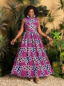Faeriesty Plus Size Women Jacquard Sleeveless Stand Collar A-Line Maxi Dress, Loose And Slimming - Hot Pink - View 4