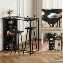Mesa de bar y 2 sillas con estantes de almacenamiento de 3 niveles, mesa de comedor de cocina retro para 2, muebles de apartamento de ahorro de espacio con taburetes - Tapizado en negro - Ver 5