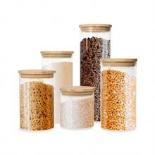 organizador de cocinaCASA LITUS Recipientes Herméticos de Vidrio con Tapa de Bambú 5 Piezas de Diferentes Tamaños Contenedores de Vidrio para Organización de Cocina y Baño Frascos para Almacenar Especias y Semillas - Transparente - Ver 1