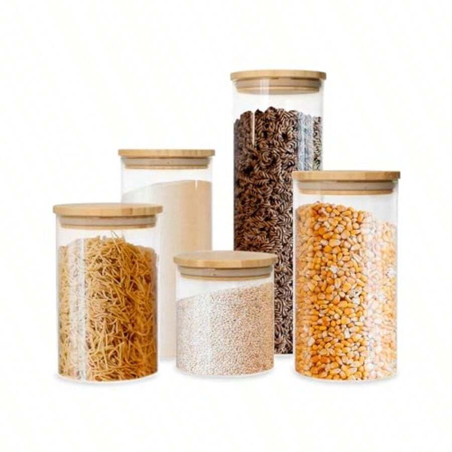 organizador de cocinaCASA LITUS Recipientes Herméticos de Vidrio con Tapa de Bambú 5 Piezas de Diferentes Tamaños Contenedores de Vidrio para Organización de Cocina y Baño Frascos para Almacenar Especias y Semillas - Transparente - Ver 1