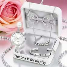 Mama Love Silver-Tone Women's Watch Jewelry Set - Watch + Letter Necklace + LOVE Bracelet, Gentle Elegant Daily Matching, Ideal Mother's Day, Valentine's Day, New Year Gift - Silver - View 1