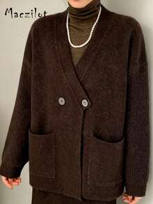 大码女式时尚开衫，经典纽扣休闲圆领大码针织毛衣 - 咖啡棕 - 查看 3