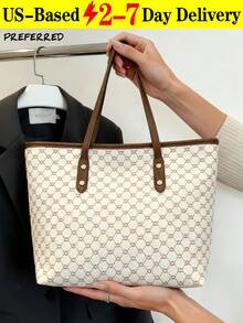 Large Shoulder Tote Bag All Over Print Double Handle For Work Geometric Pattern Studded Decor Shoulder Tote Bag Tote Bag For Women, PU Leather Shoulder Bag Women's Vintage Pattern Tote Bag, Large Capacity Shoulder Bag, Stylish Bag For Work, Fashionable Business Casual Bag For Women, Portable, For Teen Girls Women College Students, Perfect For Office, College, Middle School, High School, Work, Business, Commute, Office, Fashionable Tote Bag With Zipper - 米色 - 查看 1