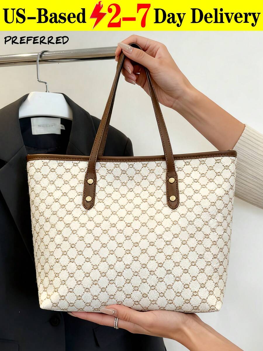 Large Shoulder Tote Bag All Over Print Double Handle For Work Geometric Pattern Studded Decor Shoulder Tote Bag Tote Bag For Women, PU Leather Shoulder Bag Women's Vintage Pattern Tote Bag, Large Capacity Shoulder Bag, Stylish Bag For Work, Fashionable Business Casual Bag For Women, Portable, For Teen Girls Women College Students, Perfect For Office, College, Middle School, High School, Work, Business, Commute, Office, Fashionable Tote Bag With Zipper - 米色 - 查看 1