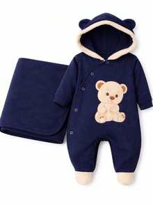 Maribaby Linens Luxury Baby Boy 2-Piece Going-Home Outfit, Bear Design, Navy Blue, Embroidered Plush Bear - 藏蓝色 - 查看 1