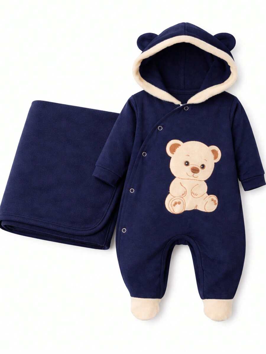 Maribaby Linens Luxury Baby Boy 2-Piece Going-Home Outfit, Bear Design, Navy Blue, Embroidered Plush Bear - 藏蓝色 - 查看 1
