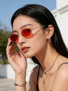 1pc Metal Decorative Fashion Glasses For Women, High-Quality Summer Accessory To Reduce Sunlight Intensity, Suitable For Daily Wear - Red - View 5