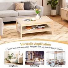 CXRYLZ Rectangular 2 Tier Rattan Coffee Table With Dual Rattan Storage Shelves Natural Wood Grain Boho Style Tea Table For Living Room Home Office Light Oak - Natural Wood Color - View 5