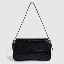 1pc Women Faux Leather Shoulder Bag, Black Crocodile Pattern Square Bag, Versatile Patent Leather Purse, Y2K Crossbody/Underarm Bag, Fashionable Sling Bag, With Cherry Pendant Charm - màu đen - Xem 6