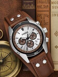 Fossil 男士石英计时腕表，圆形表盘，棕色皮表带，三眼显示，商务休闲风格，适合日常佩戴和作为礼物 - 棕色 - 查看 4