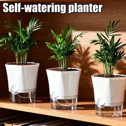 3个小型塑料自浇水花盆，带排水孔和吸水绳，轻便耐用，室内外通用，适用于家庭阳台桌面植物养护用品