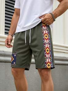 Men's Retro Geometric Print Drawstring Waist Beach Shorts - Multicolor - View 2