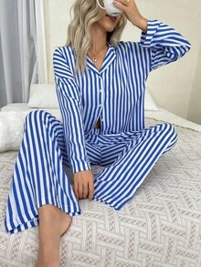 Nina Bonheur Bộ đồ ngủ nữ 2 món gồm áo khoác cardigan dài tay kẻ sọc dáng rộng cài cúc và quần cạp chun, đồ mặc nhà dễ thương. - Xanh và trắng - Xem 2