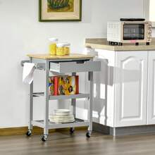 Kitchen Trolley With Rubberwood Worktop - Utility Cart On Wheels, Towel Rack, Shelves & Drawer, Grey - Default - View 1