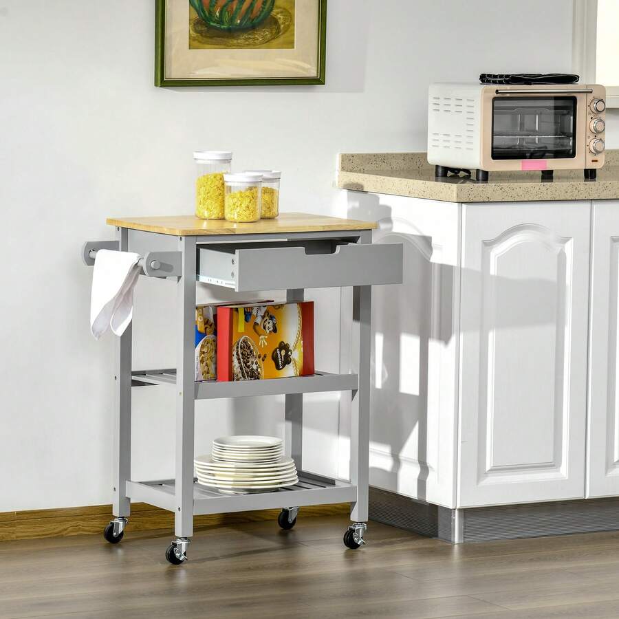 Kitchen Trolley With Rubberwood Worktop - Utility Cart On Wheels, Towel Rack, Shelves & Drawer, Grey - Default - View 1