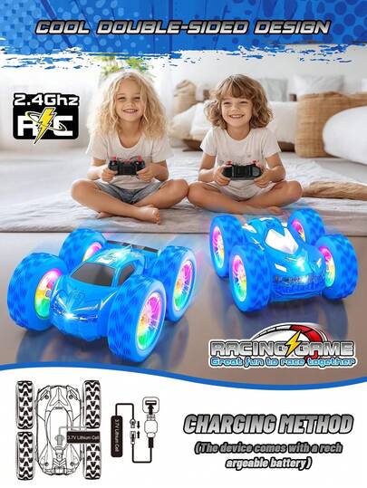 1 pieza Coche de juguete con control remoto, con patrón de doble cara y luces LED, juguete de coche de acrobacias apto para niños de 4 a 7 años, apto para niños de 3 a 9 años, regalo de juguete de carreras, apto para Halloween, Acción de Gracias, Año Nuevo, Navidad, regalo de interacción entre padres e hijos
