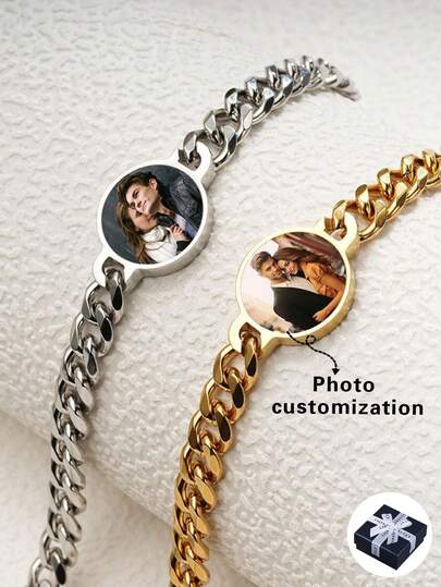 1 pieza Pulsera de pareja personalizada de acero inoxidable, graba la foto de tu ser querido, pulsera de cadena gruesa unisex, pulsera personalizada con foto a color, regalo para novio/novia, Día del Padre, plateado, dorado, negro, oro rosa, elegante, casual, minimalista, adecuado para otoño, regalo único para esposo/pareja, regalo de aniversario