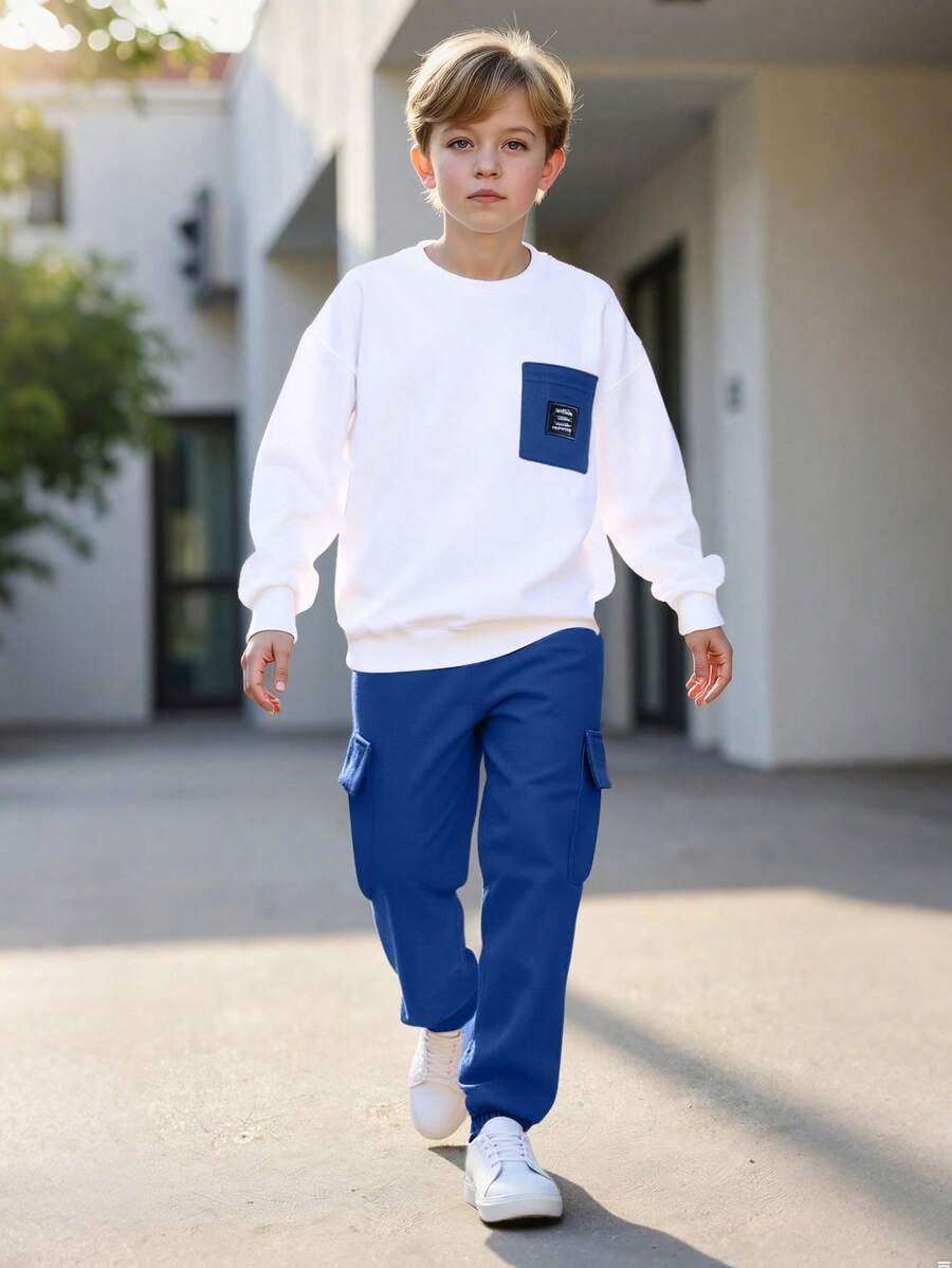 2pcs/Set Boys Spring/Autumn Round Neck Sweatshirt And Casual Pocket Pants Set, White Pullover And Sportswear Outfit For Toddler/Kids - Blue - View 1