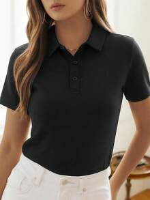 女士夏季速干Polo衫，商务休闲修身短袖T恤，弹力纯色上衣，适合日常穿着、办公室、聚会、派对等场合。 - 黑色 - 查看 2