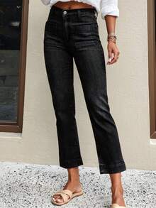 Women's Casual Washed Elastic Patch Pocket Cropped Straight Leg Jeans, Solid Color Stretchy Ankle Length Denim Pants, Women's Casual Streetwear For All-Season, Work & Daily Wear - 黑色 - 查看 2