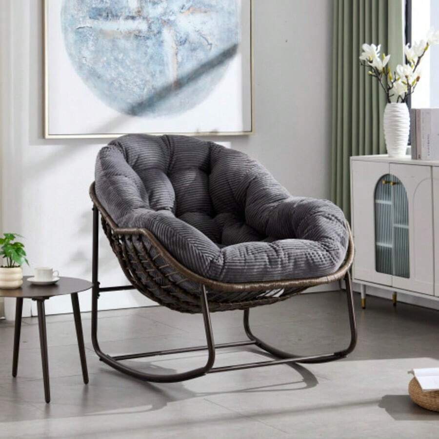 Outdoor Rattan Schaukelstuhl, Polsterte Sitzschaukel Mit Lehne Für Vordereingang, Wohnzimmer, Patio, Garten - Grey - View 1