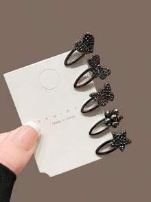 5个优雅休闲锌合金闪亮迷你刘海夹，水钻蝴蝶结侧鸭嘴夹，时尚水晶发夹，适合所有季节 - 彩色 - 查看 1