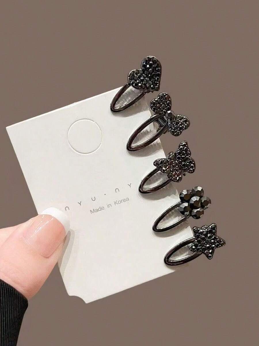 5个优雅休闲锌合金闪亮迷你刘海夹，水钻蝴蝶结侧鸭嘴夹，时尚水晶发夹，适合所有季节 - 彩色 - 查看 1