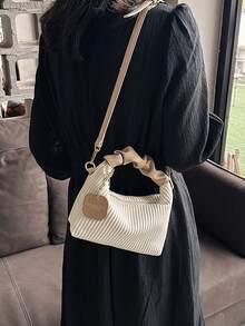 时尚迷你简约全套褶皱编织PU拉链手提包，迷你便携单肩包，适合女性，购物、约会、聚会、送礼皆宜。 - 白色 - 查看 6