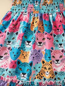 Middle Eastern Style Girls Lovely Digital Print Dress, Summer Short Sleeve Thin Fashion Sundress, Cute Animal Princess Dress, Suitable For Girls Outings, Parties, Gifts, Casual Dress - Multicolor - View 5