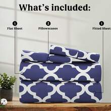Lux Decor 4-Piece Quatrefoil Bed Sheet Set, Soft Brushed Microfiber Bedding With 16-Inch Deep Pocket Fitted Sheet, Breathable Hotel Luxury Sheets And Pillowcases, Fade And Wrinkle Resistant Bedding For Bedroom, Guest Room And Dorm - 海軍藍和白色 - 查看 6