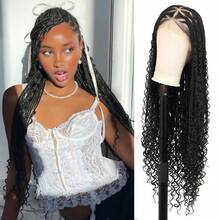 360° High Definition Full Lace Triangle Seamless Braided Wig, Boho Wavy Ends, Handmade Crochet, 36 Inch Natural Braid Wig With Baby Hair, Women Synthetic Lace Front Braided Wig, For Everyday Wear - Black - View 1