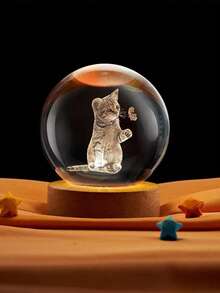 Stitch Cat Cartoon 3D Engraved Luminous Crystal Ball Ornament, Small Night Light, Creative Children's Birthday Gift & Souvenir - White - View 3