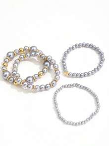 Bộ 4 chiếc vòng tay hạt cườm hình trái tim nhiều lớp hiệu ứng ngọc trai thời trang, phụ kiện trang sức quyến rũ thanh lịch dành cho phụ nữ. - Xám - Xem 5