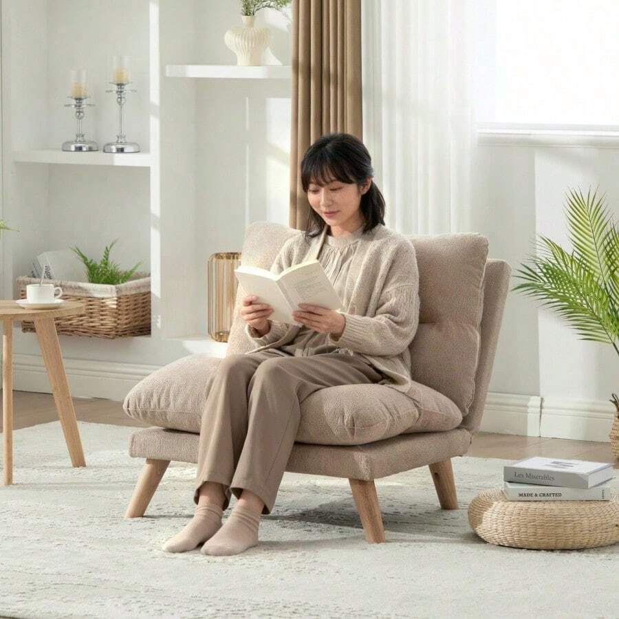 一人掛け ソファ 座椅子 リクライニング 折りたたみ コンパクト 幅68cm 低反発 メモリーフォーム ふわふわ シェニール生地 無垢材フレーム 90°〜160°角度調節 一人暮らし おしゃれ - カーキ + シェニール1 - チェックする 1
