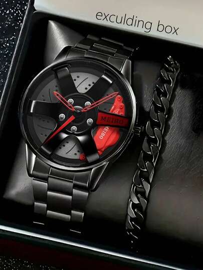 男士时尚商务石英表及手链套装 – 防震合金表壳，圆形模拟显示，非腕表