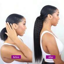 Yaki马尾辫接发，魔术贴马尾辫带梳子夹式Yaki卷曲环绕直发真人发马尾辫 - Natural Black - 查看 6