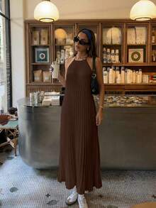 2026 Spring/Summer New Elegant Casual Commute Daily Date Holiday Travel Tea Party Beach Backless Halter Beige Dress, Suitable For Valentine's Day Date, Daily Wear, Party, New Year, Street Style, Graceful Attire, Ladies' Elegant Top, Summer Holiday Outfit - Brown - View 3