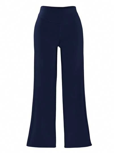 Minimalistiska högmidjade byxor med vida ben för kvinnor, bekväma sportleggings med avslappnad midja, utsvängda yogabyxor för pendling, sportkläder för kvinnor, stickat tyg, elastiskt och bekvämt, lämpligt för vardagsbruk och fitnessleggings