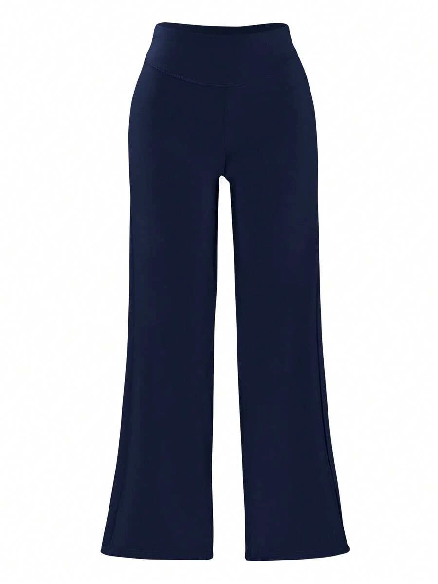 Women's Minimalist High Waist Wide Leg Pants, Casual Comfortable Sports Leggings, High Elastic Flared Commuting Yoga Pants, Women's Sportswear, Knit Fabric, Elastic & Comfortable, Suitable For Daily Wear And Fitness Leggings - Navy Blue - View 1