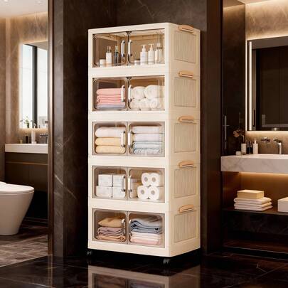 1 pieza Armario de almacenamiento plegable de 45/60 cm, organizador de almacenamiento de 1-5 niveles con puerta doble, armario de almacenamiento con ruedas de plástico reforzado, gabinete multiusos para sala de estar, juguetes y aperitivos, armario de almacenamiento de ropa, estantería a prueba de polvo para el hogar, estantería de almacenamiento, caja de almacenamiento, recipiente de plástico, botella de aceite, suministros de almacenamiento de cocina, estante para tazas, 1 botella de aceite, estante para cucharas, estantería de almacenamiento de cocina