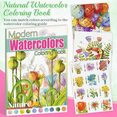 Nature Theme Watercolor Coloring Book, A4 Size 180° Lay-Flat Design, Original Exquisite Line Art, Heavyweight Bleed-Proof Paper, Easy-Tear Mountable Pages With Color Card Guide, Ideal DIY Gift For Beginners & Adults